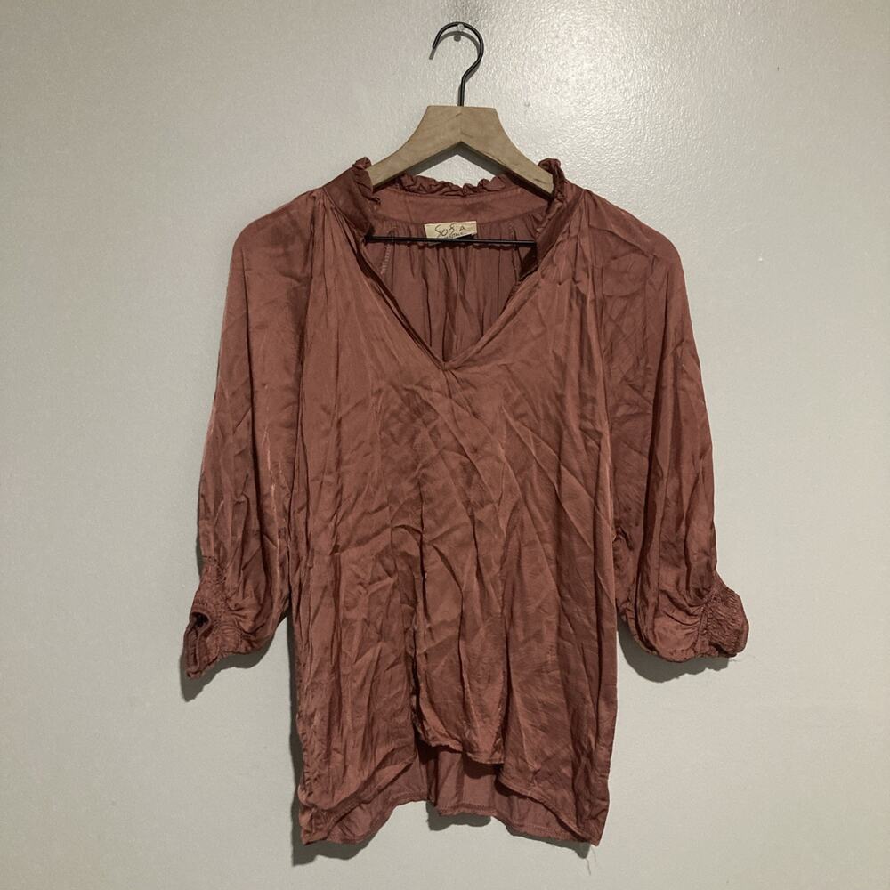 Sofia Smocked Linen Top Womens One Size Metallic Balloon Sleeve Made in Italy